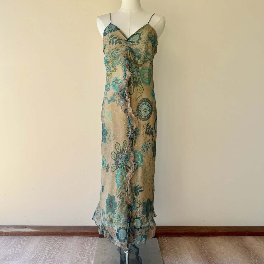 Vintage Euro Y2K 100% Silk Floral Asymmetrical Ruffle Midi Paisley Fairy Dress
